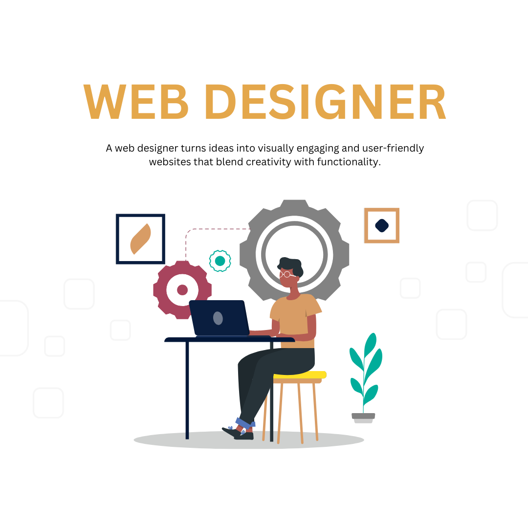 Web designer at desk with laptop and design elements.